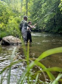 Two anglers engaged in fly fishing in a serene stream, surrounded by lush greenery, showcasing a hands-on fishing experience.