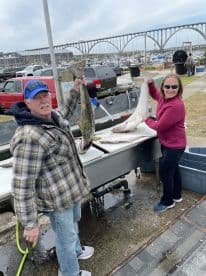 Two anglers proudly displaying their catch of large fish at a cleaning station near a marina, showcasing a successful fishing trip.