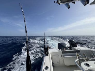 View from the helm of a fishing boat, showcasing the fishing rods and the open ocean, ideal for deep-sea fishing adventures.