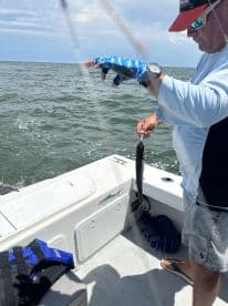 An angler reeling in a fish while on a boat, showcasing the excitement of fishing in open waters.