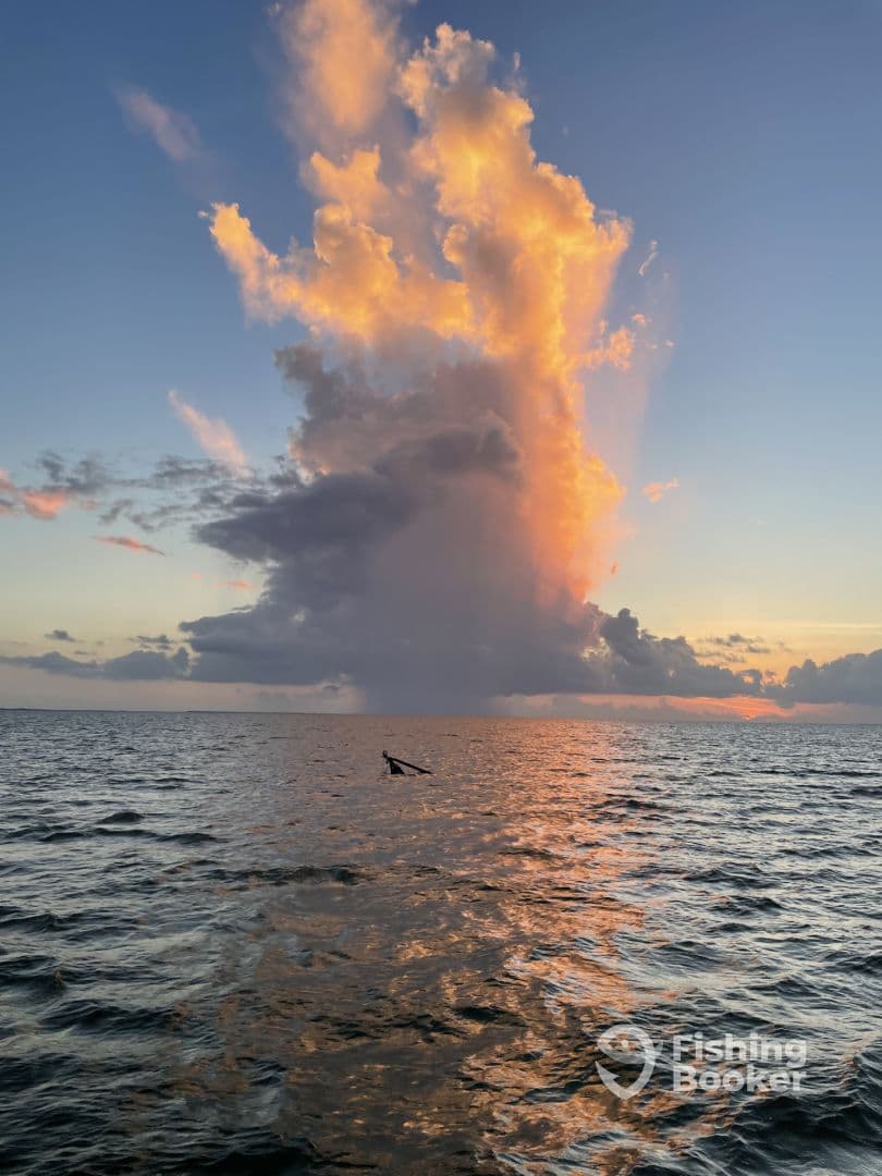 A stunning sunset over the ocean, featuring dramatic cloud formations reflecting on the water's surface.