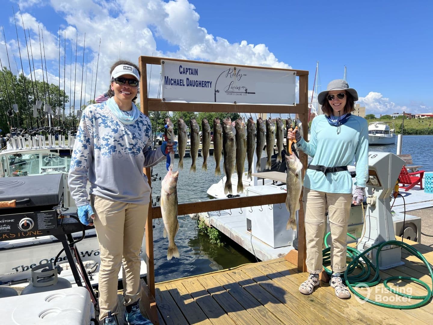 Two anglers proudly displaying their catch of multiple Walleye on a sunny day at the dock, showcasing a successful fishing trip.