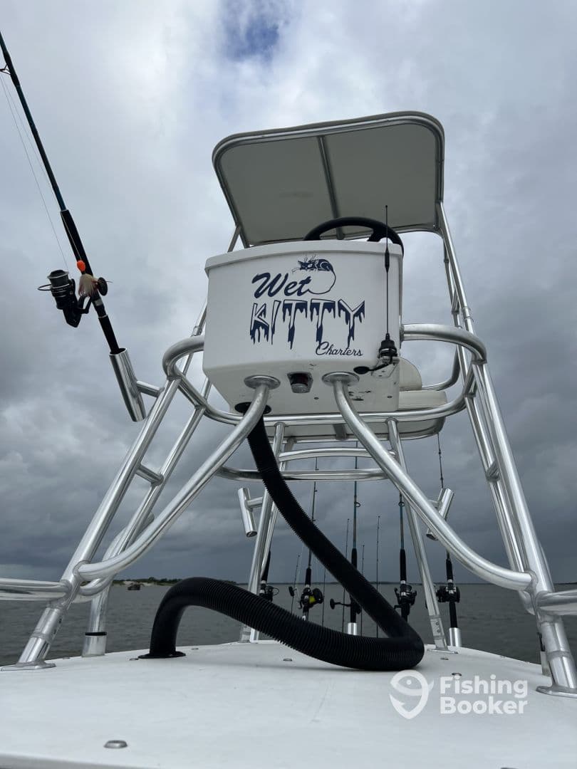 View of the helm area on the Wet Kitty charter boat, showcasing the console and fishing rods against a cloudy sky.