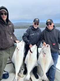 Three anglers proudly displaying their catch of large Halibut while on a fishing trip.