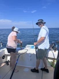 Two anglers actively fishing on a boat, with one reeling in a fish while the other prepares to net it, showcasing a lively day on the water.