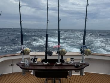 Interior view of a sport fishing boat showcasing the helm and fishing rods, set against a backdrop of choppy ocean waters.