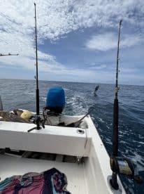 A fishing boat in open water with a fish jumping out of the sea, showcasing an exciting moment during a sport fishing trip.