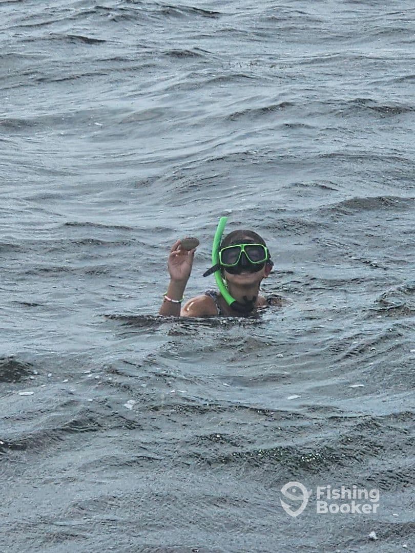 A snorkeler in the water holding a shell, showcasing a marine adventure.