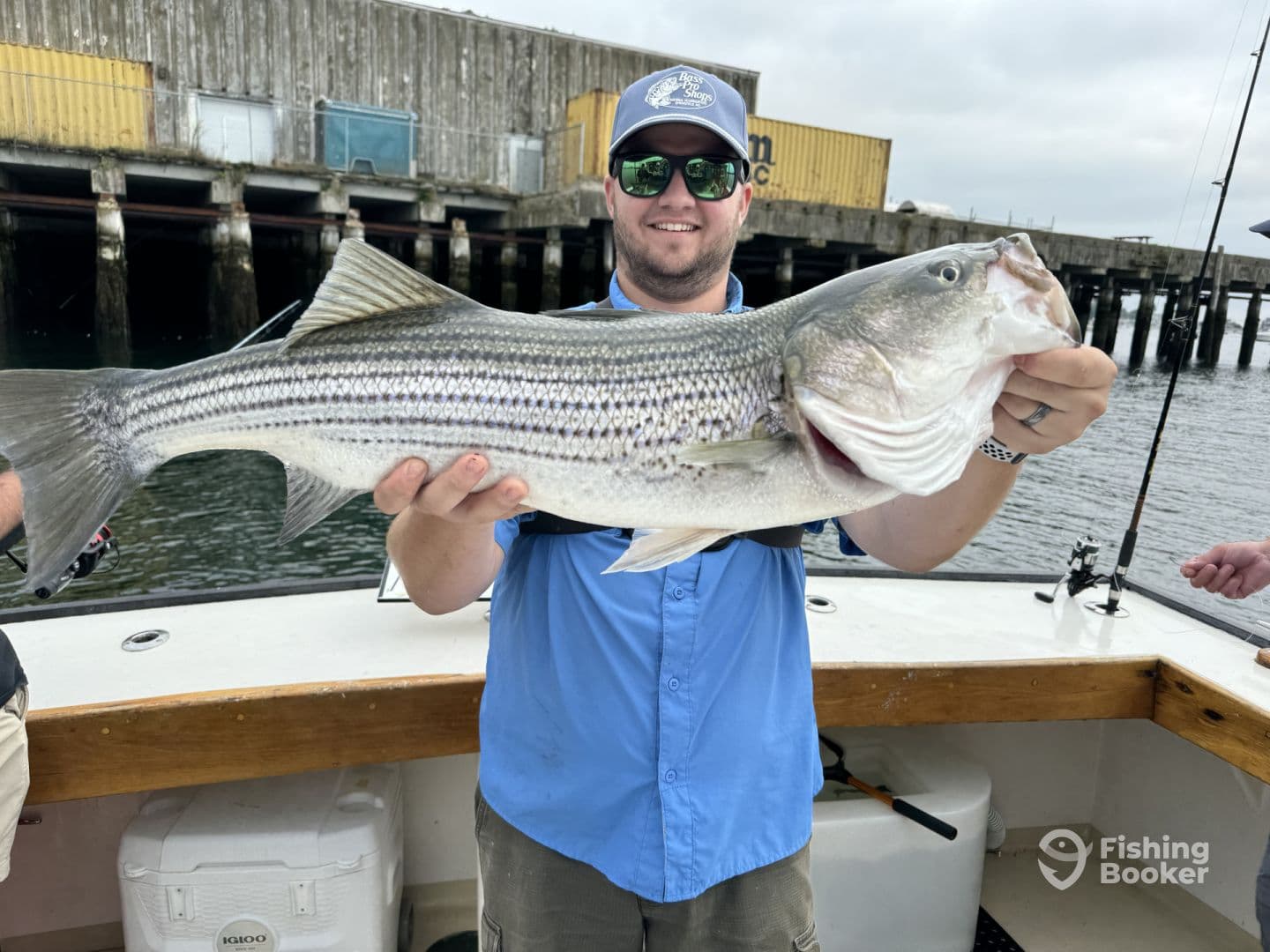Angler proudly displaying a large Striped Bass on a fishing charter, with a scenic dock in the background.