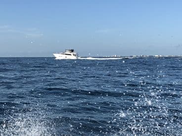 A sleek motor yacht cruising through the open waters, showcasing a vibrant blue sea and a distant shoreline.