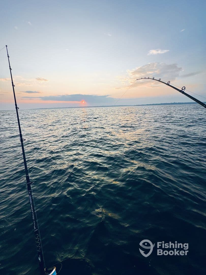 A fishing rod bent under tension as the sun sets over the water, capturing the essence of a tranquil fishing experience.