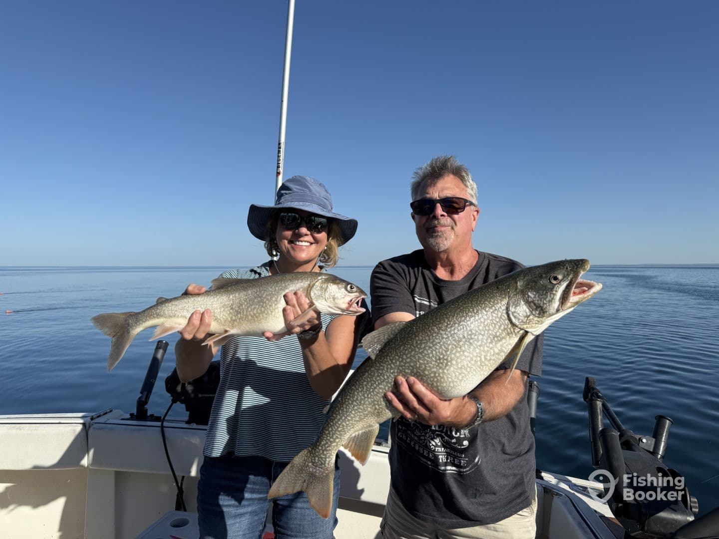 Two anglers proudly displaying their catches of Lake Trout while fishing on a calm day.