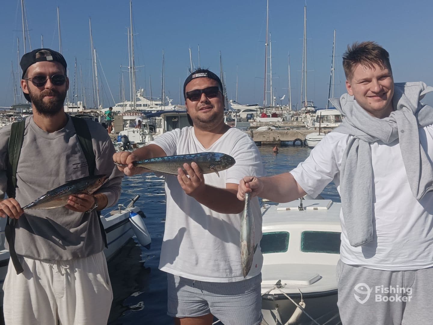 Three anglers proudly displaying their catches of Mackerel at a marina, showcasing a successful day of fishing.