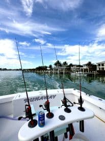 Interior view of the 'Runaway' boat showcasing fishing rods and a beverage holder while cruising through a scenic waterway.