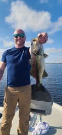 An angler proudly displaying a large Largemouth Bass while fishing on a sunny day.