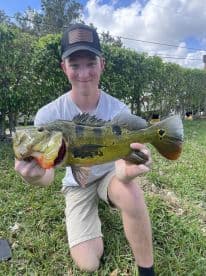 A young angler proudly displaying a vibrant Peacock Bass in a grassy area, showcasing a successful freshwater fishing experience.