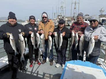 A group of anglers proudly displaying their catch of striped bass on a fishing charter, showcasing a successful day on the water.