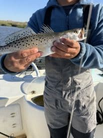 Angler displaying a beautiful Speckled Trout while fishing from a boat in a serene coastal environment.