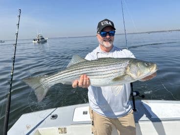 An angler proudly displaying a large Striped Bass while fishing on a boat in calm waters.