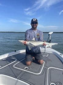 An angler proudly displaying a caught shark while kneeling on the deck of a boat in a sunny fishing environment.