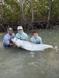 A group of anglers proudly displaying a large Tarpon while wading in shallow waters surrounded by mangroves.