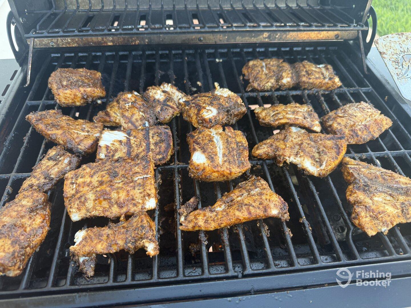 Grilled fish fillets seasoned and cooking on a barbecue grill, showcasing a delicious catch preparation.