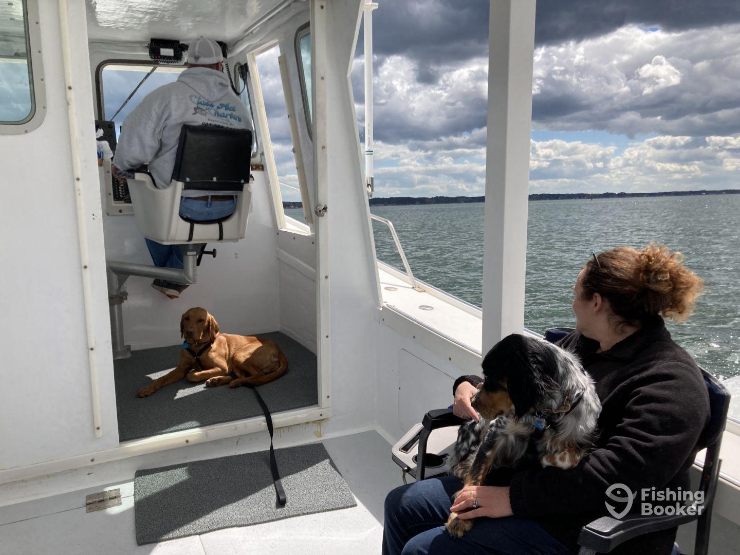 A cozy moment inside the boat with a woman holding a dog while another dog relaxes on the floor, showcasing a comfortable fishing environment.