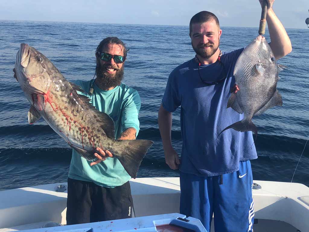 Two fisherman on a boat, one holding a Grouper, the other a Triggerfish