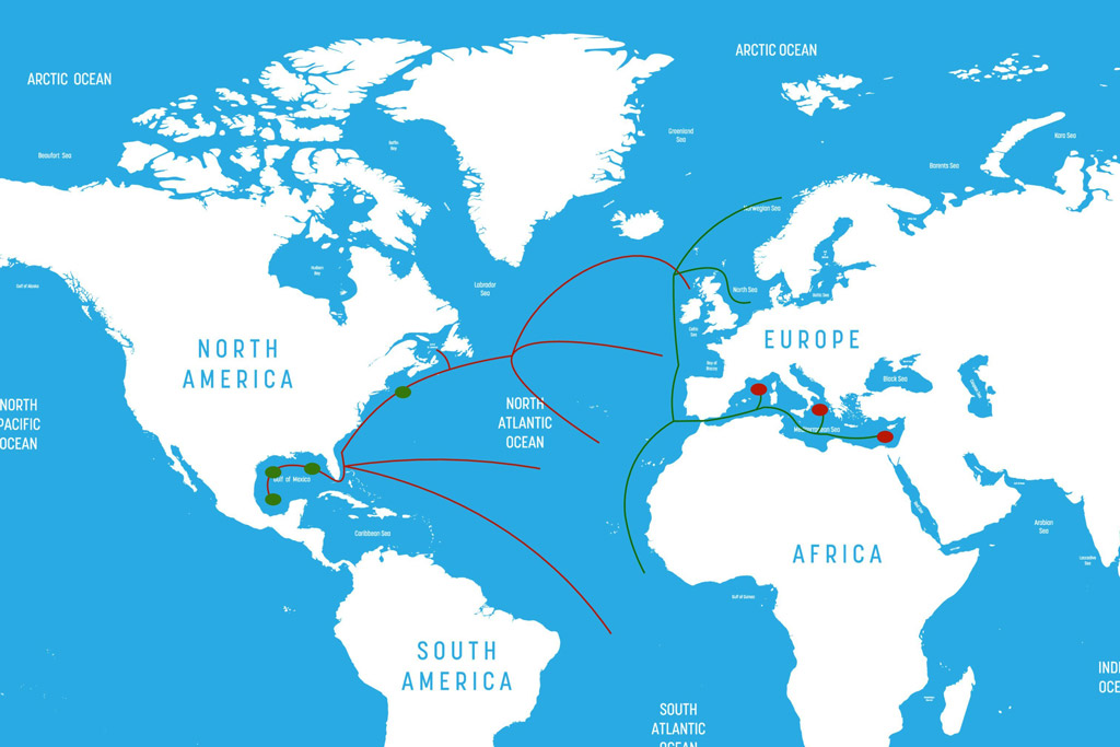 A map of Atlantic Tuna migration and spawning patterns