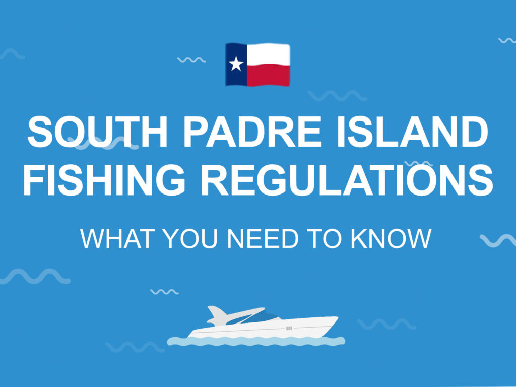 An infographic with the Texas state flag, a vector of a boat, and "South Padre Island Fishing Regulations: What You Need to Know" in white on a blue background