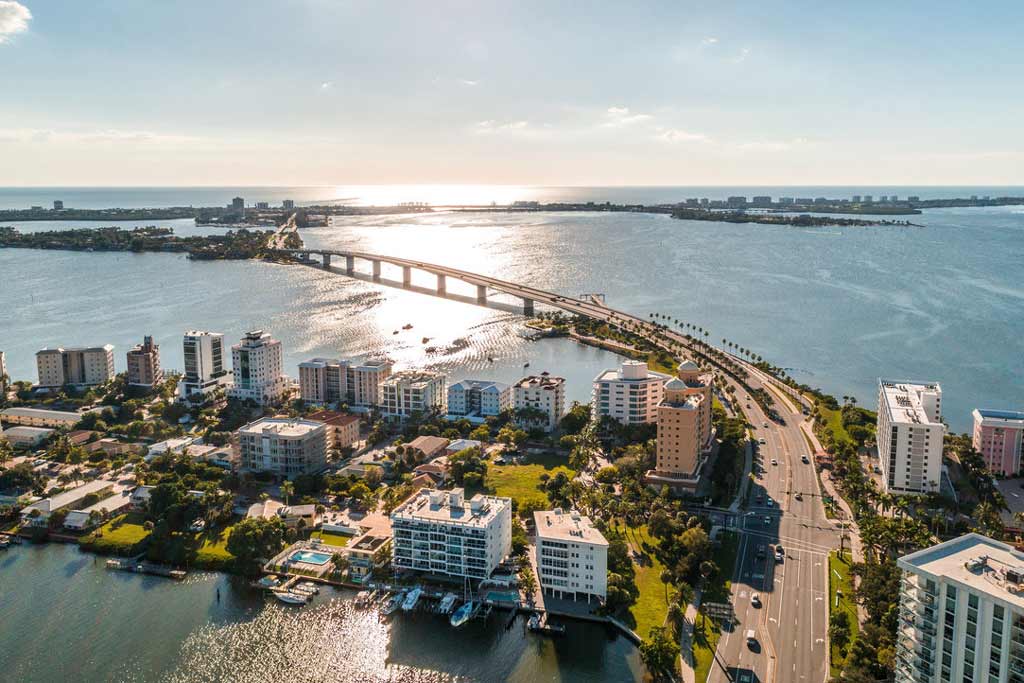 An aerial view of downtown Sarasota and  Ringling Bridge
