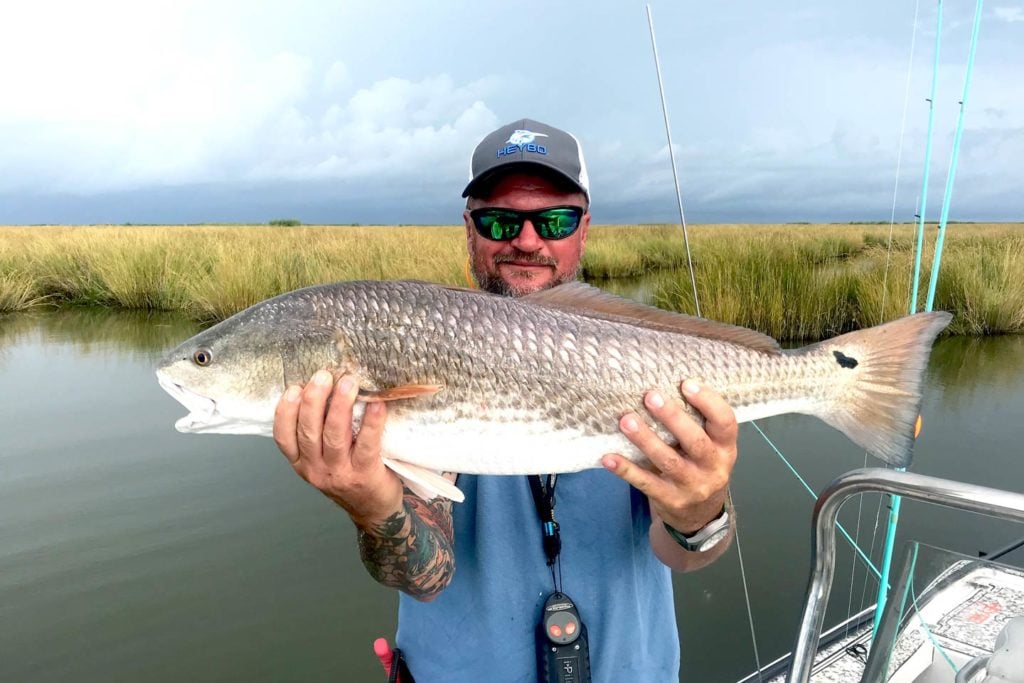 A male angler holding a large Redfish caught in Georgia's saltwater marshes.
