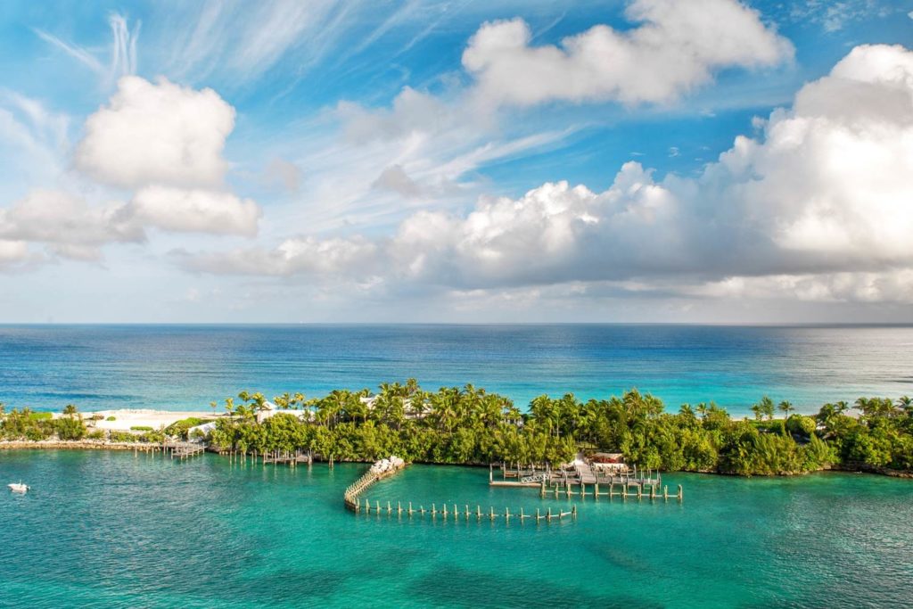 An aerial view of a beach in Nassau, Bahamas