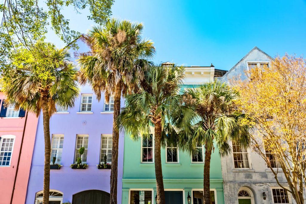 Charleston's "Rainbow Row," displaying the city's unique architecture.