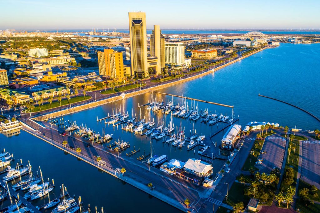 An aerial view of Corpus Christi, one of the best Fourth of July fishing destinations. 