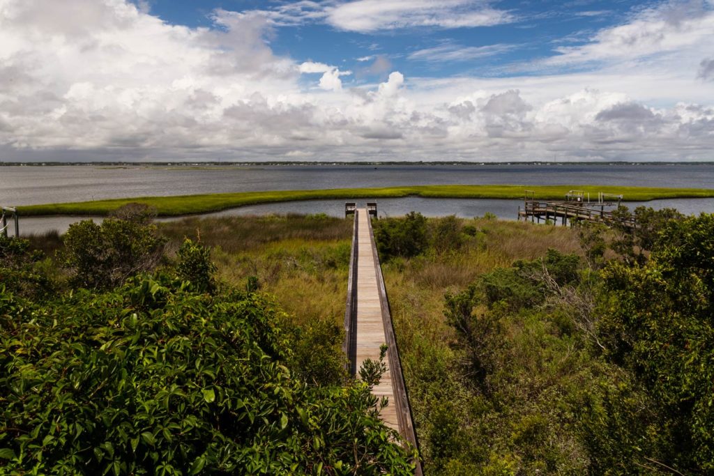 A long pier extending into the Bogue Sound on North Carolina's Crystal Coast.