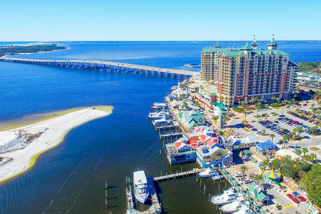 An aerial view of Destin cityscape and surrounding waters