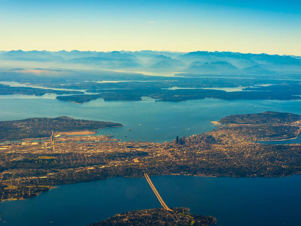An aerial view of Seattle and the Puget Sound waters that surround it.