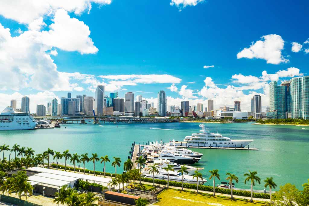 Miami cityscape and harbor on a clear summer day