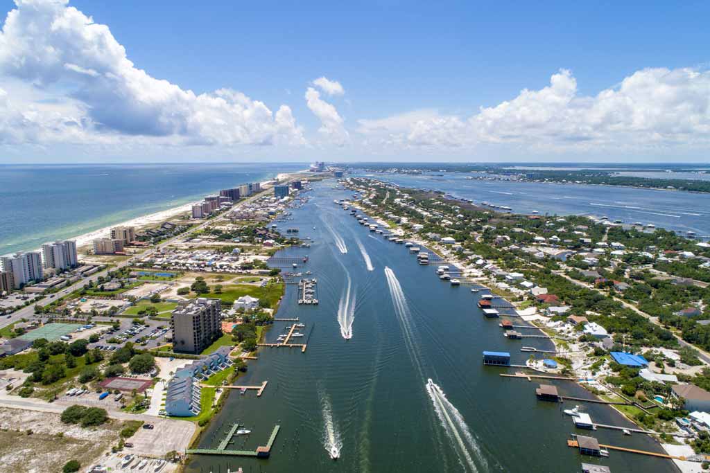 An aerial view of Orange Beach and Perdido Pass.