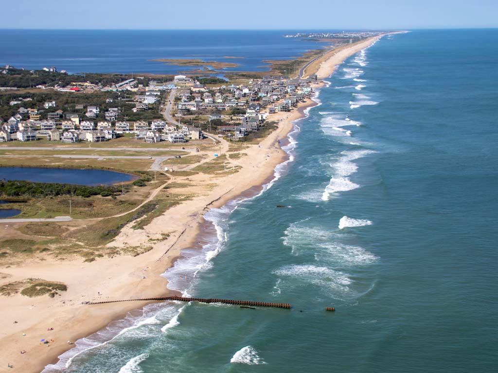 An aerial photo of the Outer Banks coastline.