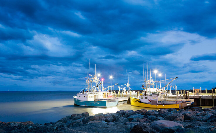Fishing boats in Alma, Bay of Fundy, on the New Brunswick Atlantic coastline in Canada.