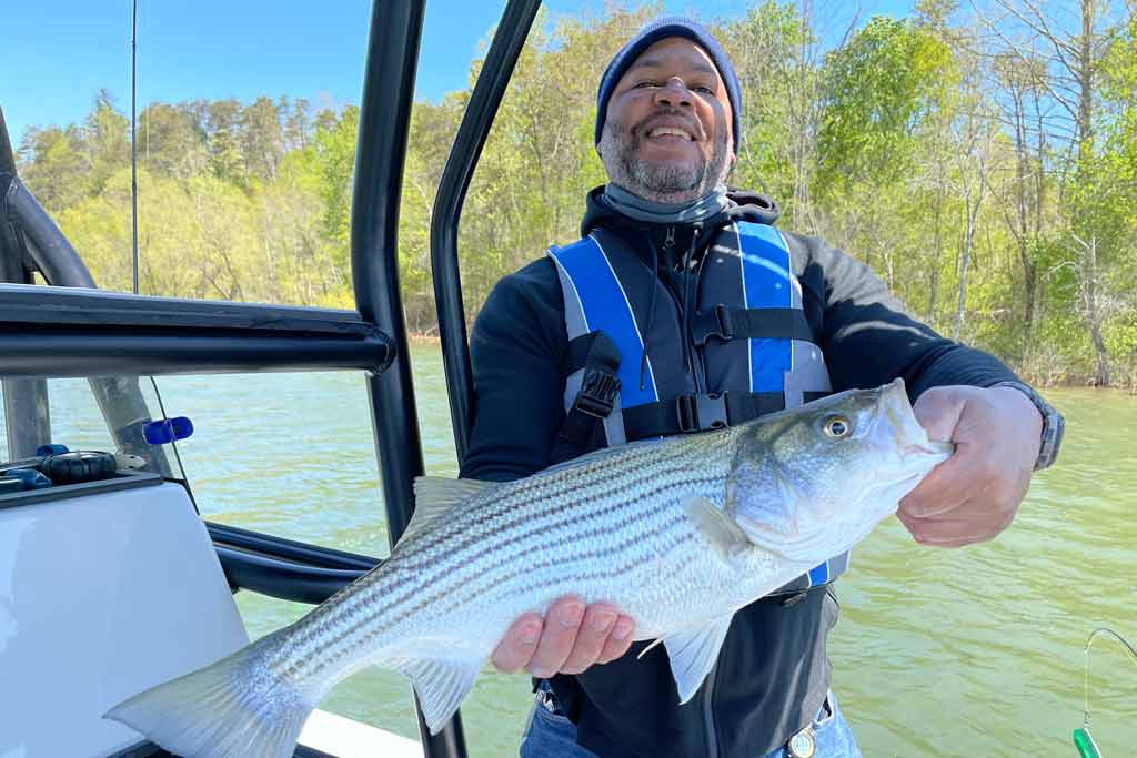 A smiling charter guide holding a big Striped Bass, standing on his boat