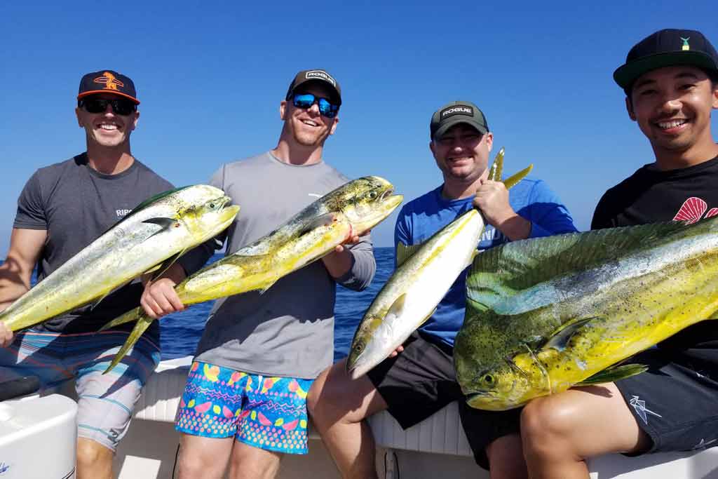 A group of anglers holding four Mahi Mahi fish