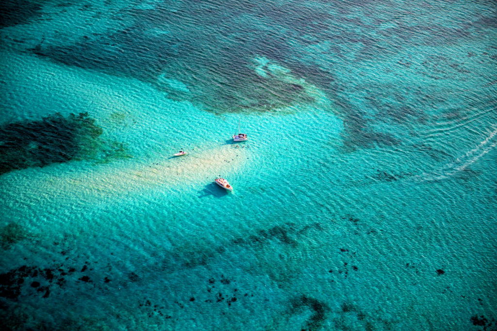 Aerial view of Stingray City at Rum Point in Grand Cayman. 