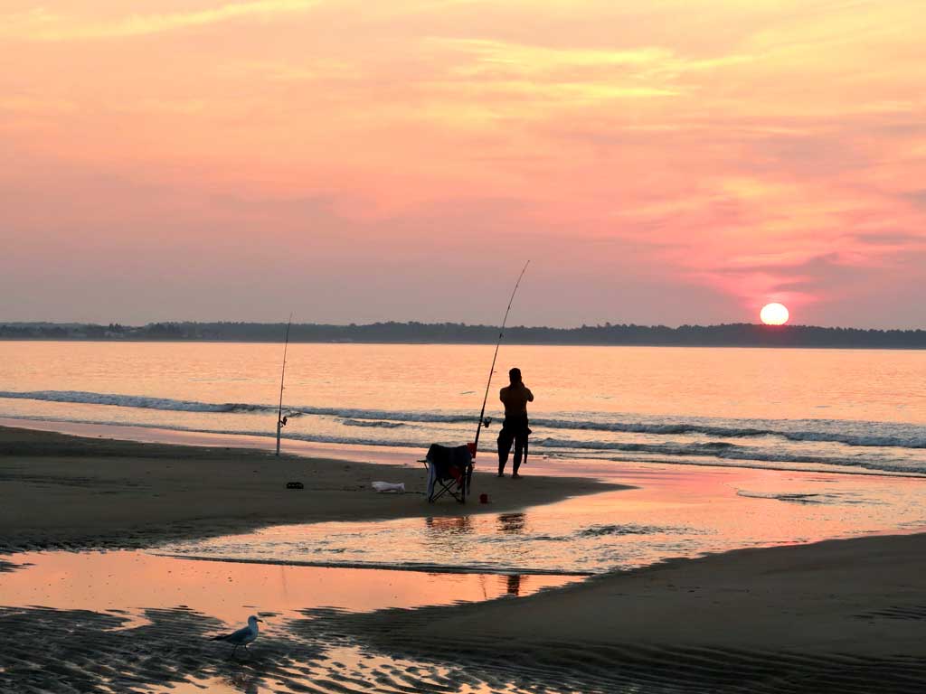 Удильщик ловит Пляж Старый Орчард в штате Мэн во время заката