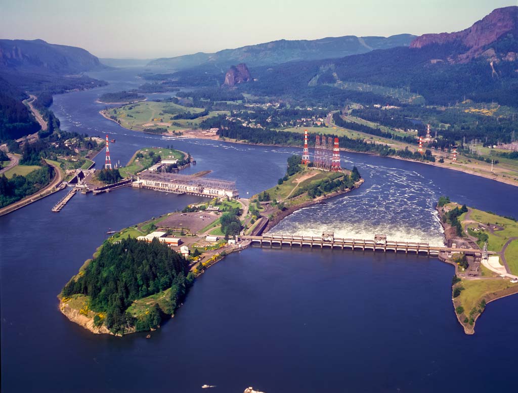 An aerial shot of Bonneville Dam, a famous Sturgeon fishing area on the Columbia River.