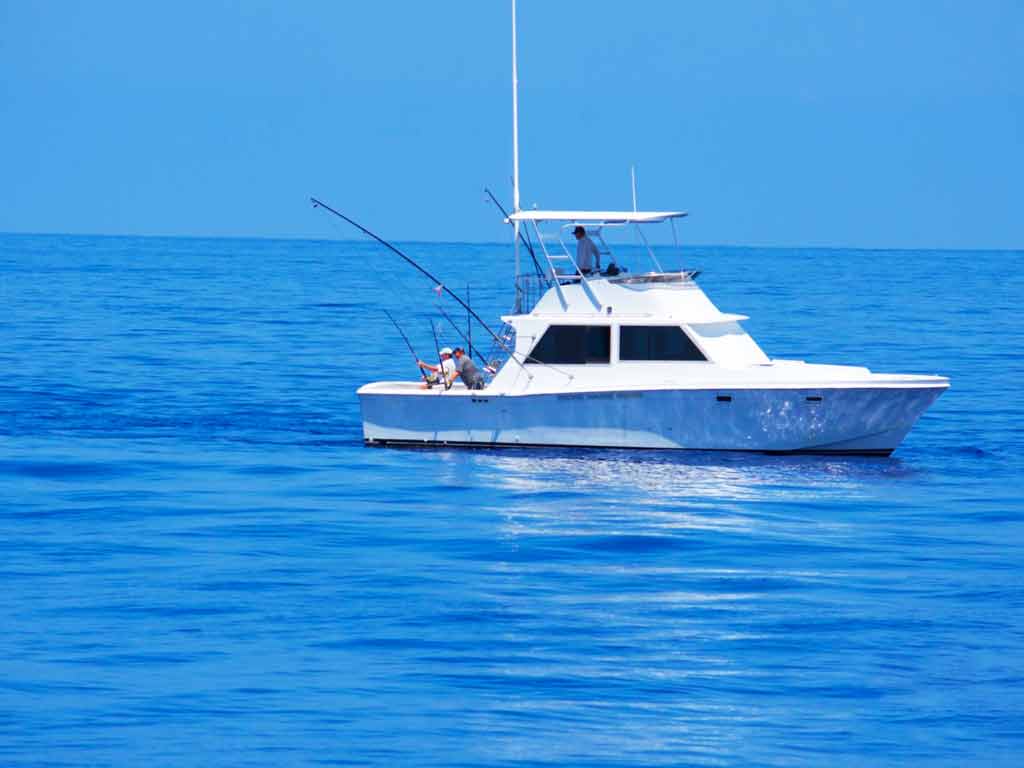 A side view of an offshore boat and anglers who are bottom fishing