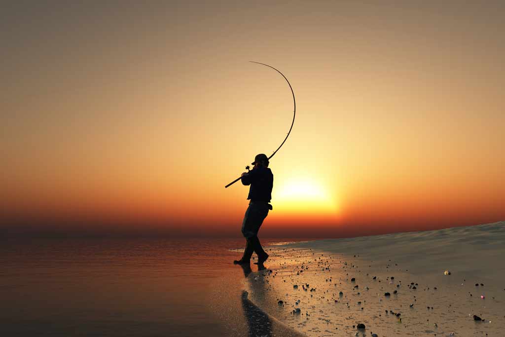 A surf angler with his rod bent standing in the surf, with sunset behind him