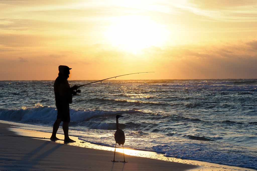 A shore fisherman standing at the edge of the surf, holding a fishing rod
